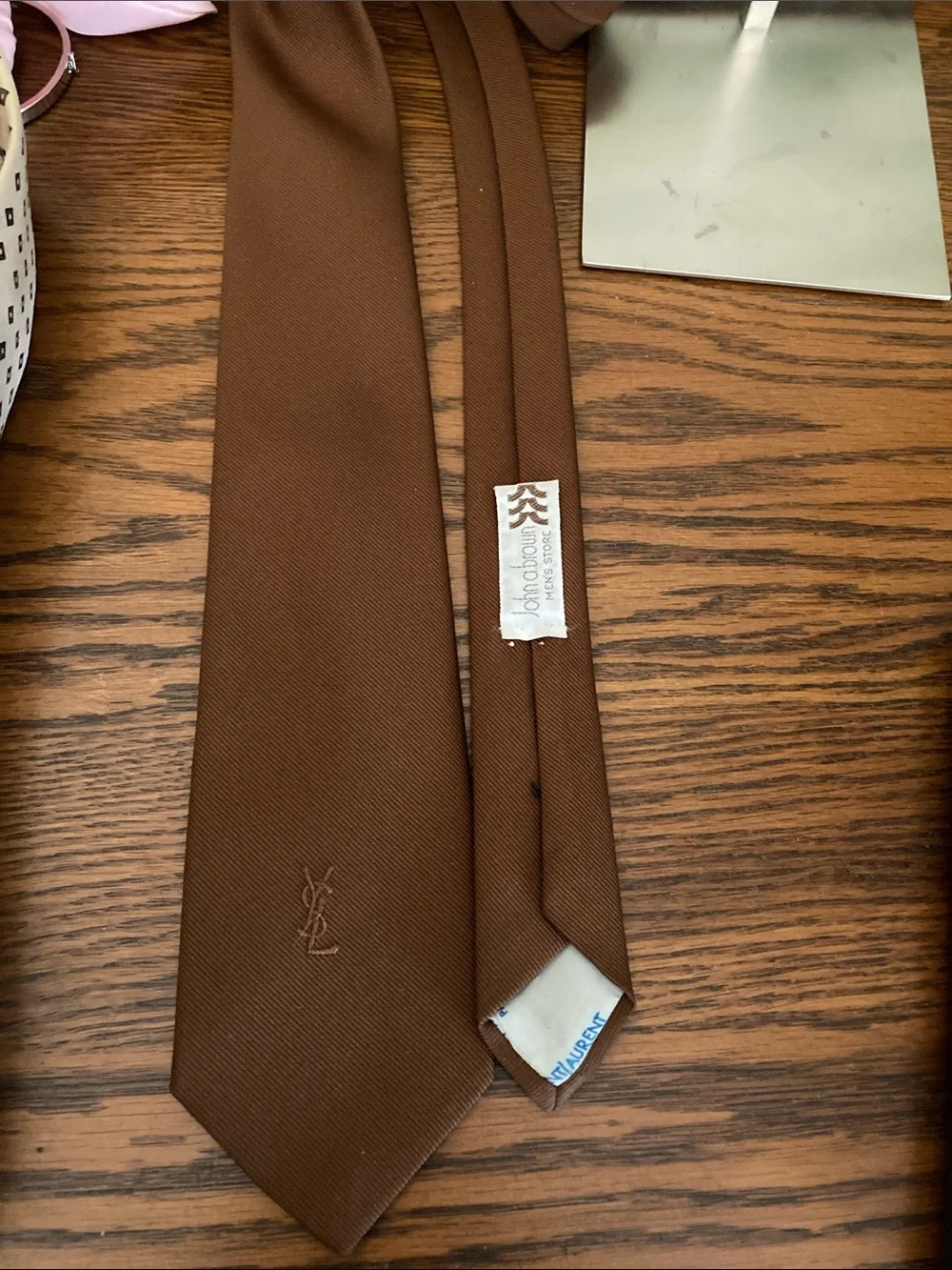 Yves Saint Laurent Vintage EUC Solid Brown Silk Tie with Subtle YSL Motif